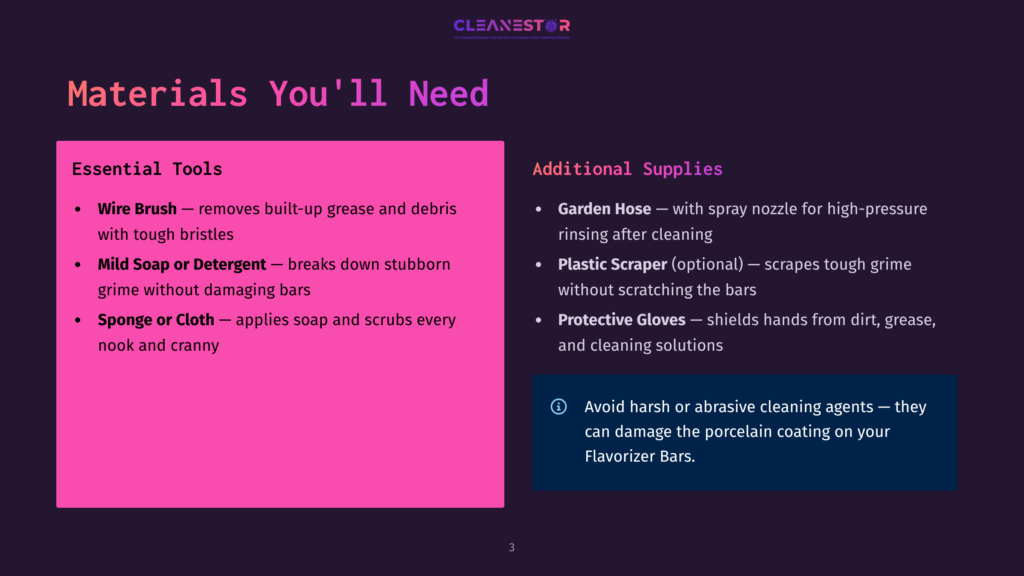 Image Lists Essential Tools And Additional Supplies For Cleaning, Including A Wire Brush, Soap, Sponge, Garden Hose, And Plastic Scraper. Text Warns Against Harsh Cleaners Damaging Porcelain Coating.