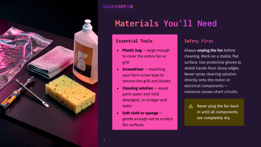 3 Materials Youll Need 8 Cleaning Supplies For A Fan: Plastic Bag, Microfiber Cloth, Sponge, Screwdriver, And Cleaning Solution With The Brand Cleanestor Visible.