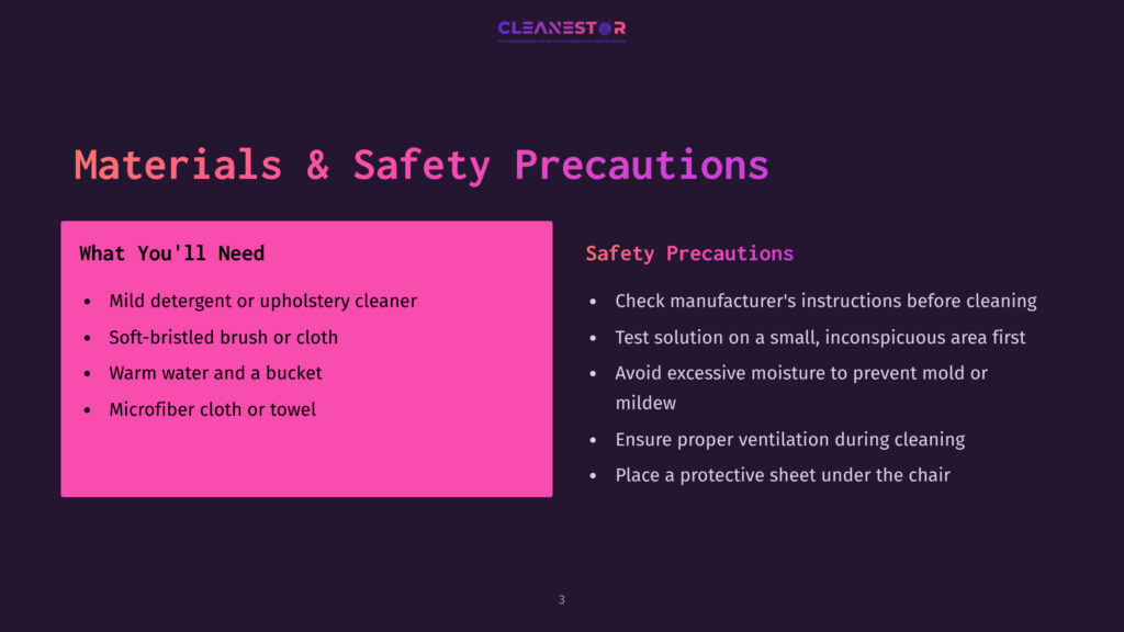 Presentation Slide Titled &Quot;Materials &Amp; Safety Precautions&Quot; With Two Columns: &Quot;What You'Ll Need&Quot; Listing Cleaning Supplies And &Quot;Safety Precautions&Quot; With Bullet Points On Safe Cleaning Practices.