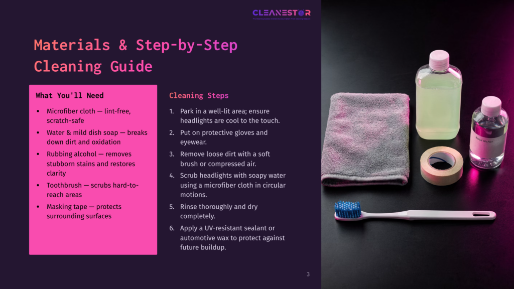 3 Materials And Step By Step Cleaning Guide Materials And Step-By-Step Cleaning Guide For Headlights With Items Including Microfiber Cloth, Water, Dish Soap, Rubbing Alcohol, Toothbrush, Masking Tape, A Bottle Of Cleaner, A Gray Towel, And A Small Bottle Of Wax.