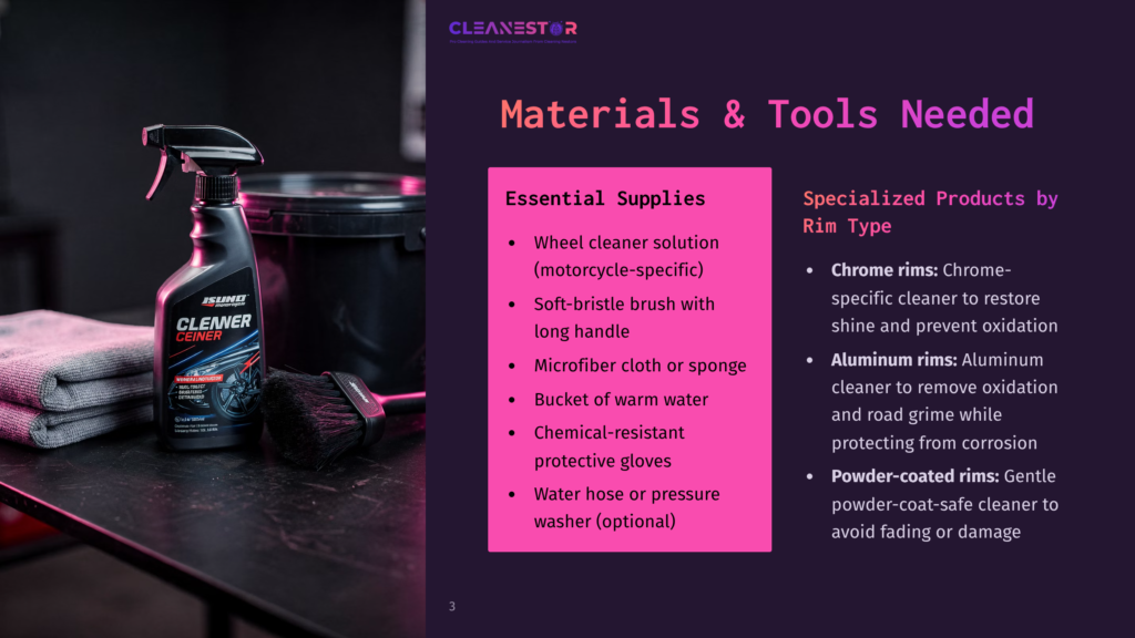 3 Materials And Tools Needed Cleanestor Cleaner Bottle And Wheel Brush Sit Next To A Bucket And Towels, With A List Of Materials And Tools Needed For Cleaning Motorcycle Wheels.