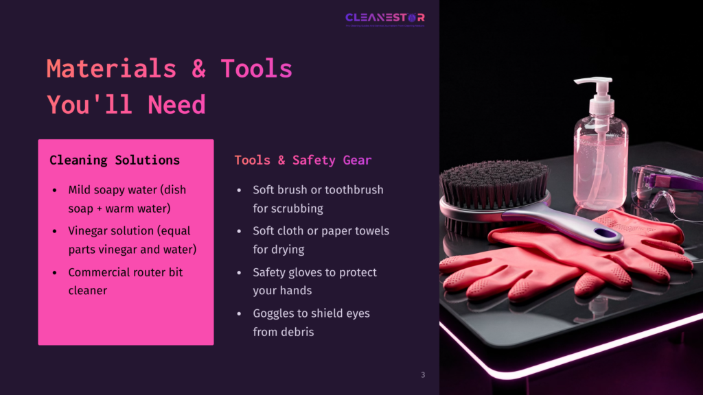 Cleanestor Logo At The Top. Image Shows Cleaning Supplies Including Red Rubber Gloves, A Scrubbing Brush, Safety Goggles, And Hand Sanitizer, Laid Out On A Dark Surface With Purple Lighting.