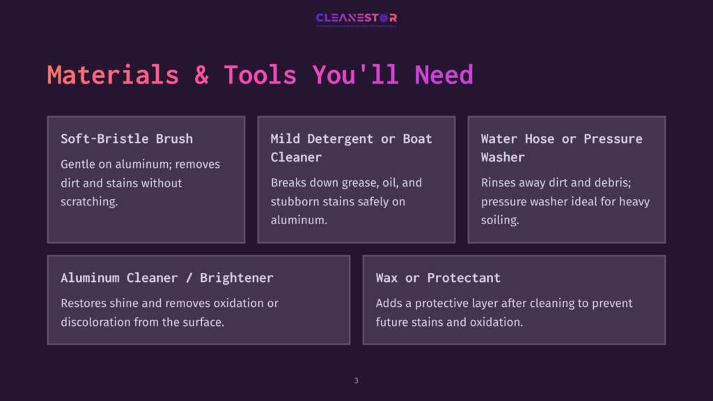 Materials And Tools Needed For Cleaning Aluminum: Soft-Bristle Brush, Mild Detergent Or Boat Cleaner, Water Hose Or Pressure Washer, Aluminum Cleaner/Brightener, And Wax Or Protectant.
