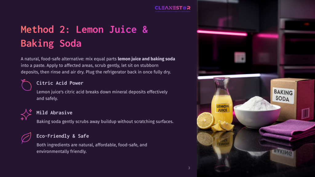 A Bottle Of Lemon Juice, A Bowl Of Baking Soda, And A Purple Cleaning Cloth Are Arranged On A Dark Countertop, Ready For Cleaning.