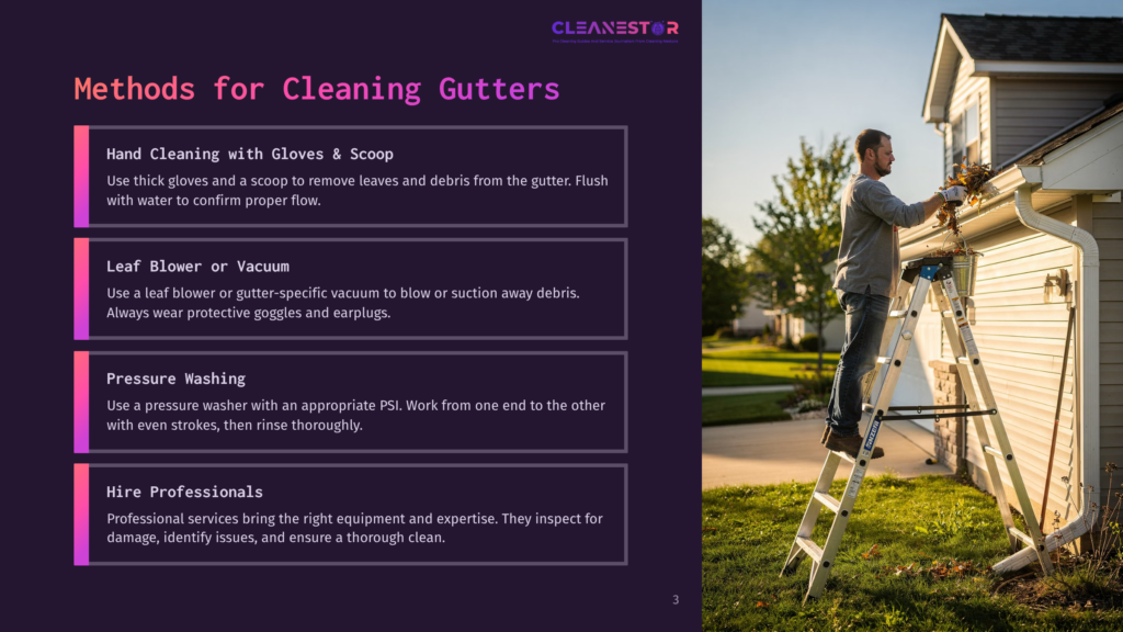 A Man On A Ladder Cleans Gutters Filled With Leaves, With The Cleanestor Logo And Text About Gutter Cleaning Methods Visible.