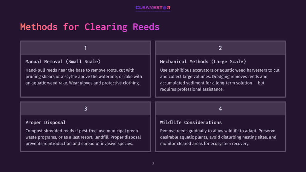 An Infographic Showing Methods For Clearing Reeds. It Lists Manual Removal For Small Scale And Mechanical Methods For Large Scale, As Well As Proper Disposal And Wildlife Considerations.