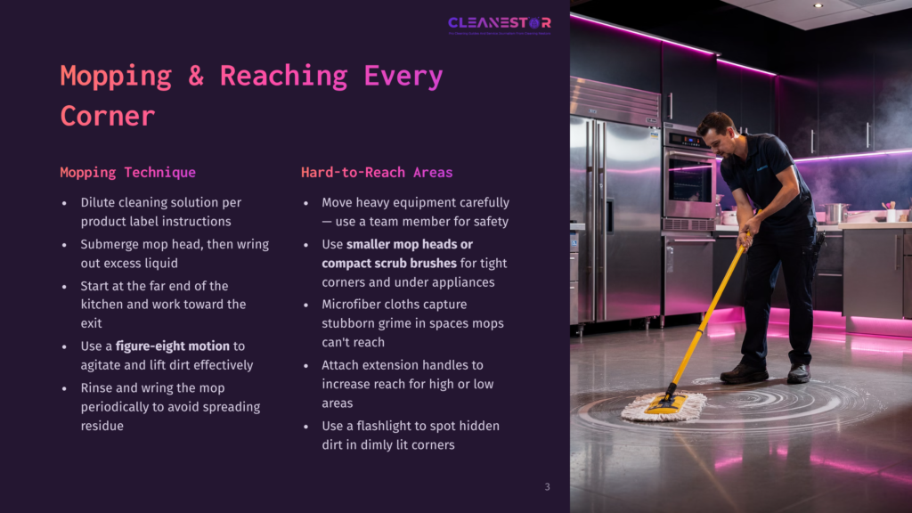 A Man In A Blue Uniform Mops A Shiny, Industrial Kitchen Floor, Creating White Cleaning Solution Swirls Around The Mop Head. The Text &Quot;Cleanestor&Quot; Is Visible At The Top.