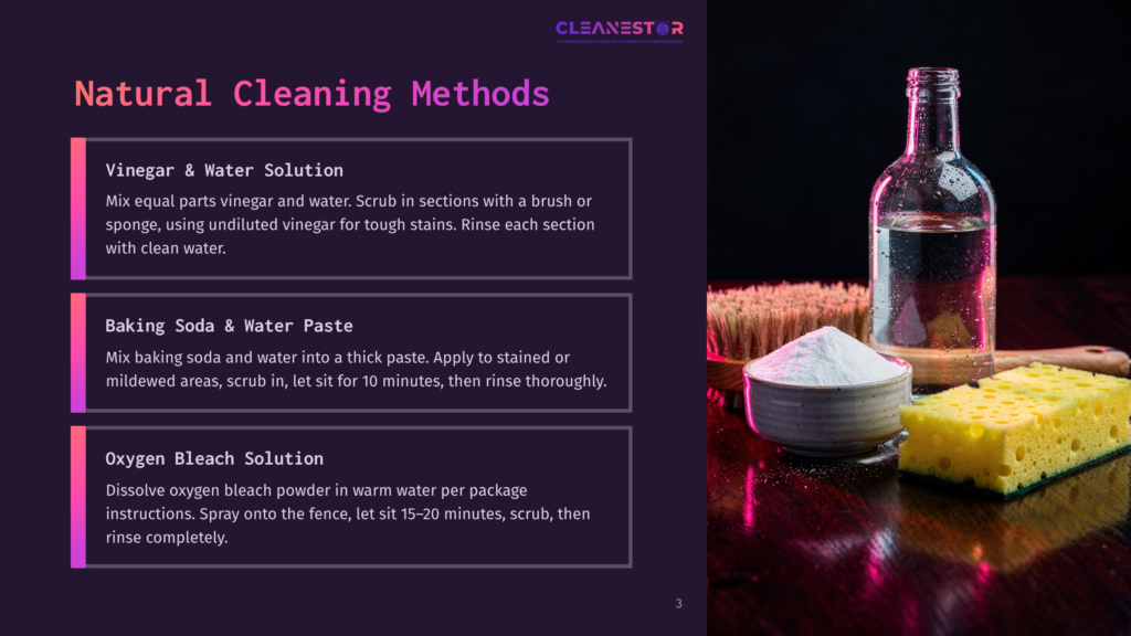 Natural Cleaning Methods: A Bottle Of Vinegar, A Bowl Of Baking Soda, And Sponges On A Wooden Surface, With Cleaning Brushes In The Background.