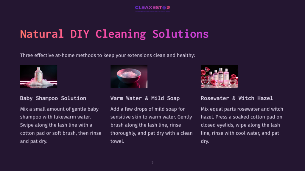 Three Sections Detail Natural Diy Cleaning Solutions For Lash Extensions: Baby Shampoo Solution, Warm Water &Amp; Mild Soap, And Rosewater &Amp; Witch Hazel. &Quot;Cleanestor&Quot; Logo At The Top.