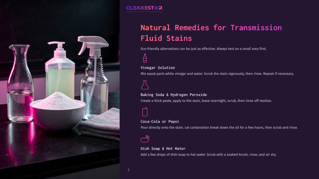 Cleanestor Logo And Text About Natural Remedies For Transmission Fluid Stains, With Images Of Cleaning Supplies Including Vinegar, Baking Soda, Hydrogen Peroxide, Soap, And Hot Water.