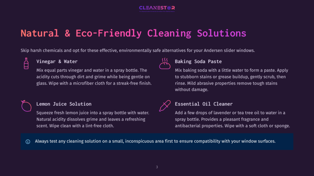 Natural &Amp; Eco-Friendly Cleaning Solutions For Andersen Windows: Vinegar &Amp; Water, Baking Soda Paste, Lemon Juice Solution, And Essential Oil Cleaner Recipes.