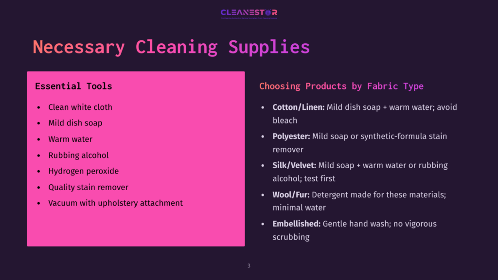 3 Necessary Cleaning Supplies Infographic Titled &Quot;Necessary Cleaning Supplies&Quot; Listing Essential Tools Like Mild Dish Soap, Warm Water, And Hydrogen Peroxide, And Product Choices By Fabric Type Including Cotton/Linen, Polyester, Silk/Velvet, Wool/Fur, And Embellished Fabrics.