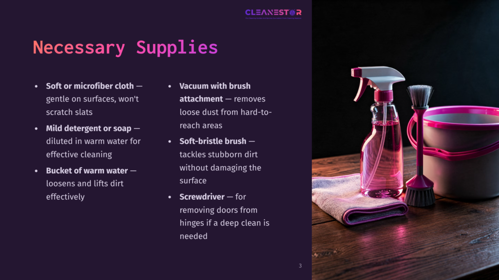 Cleaning Supplies On A Wooden Table: A Pink Spray Bottle, A Microfiber Cloth, A Bucket, And A Brush. Text Overlay Reads &Quot;Necessary Supplies.
