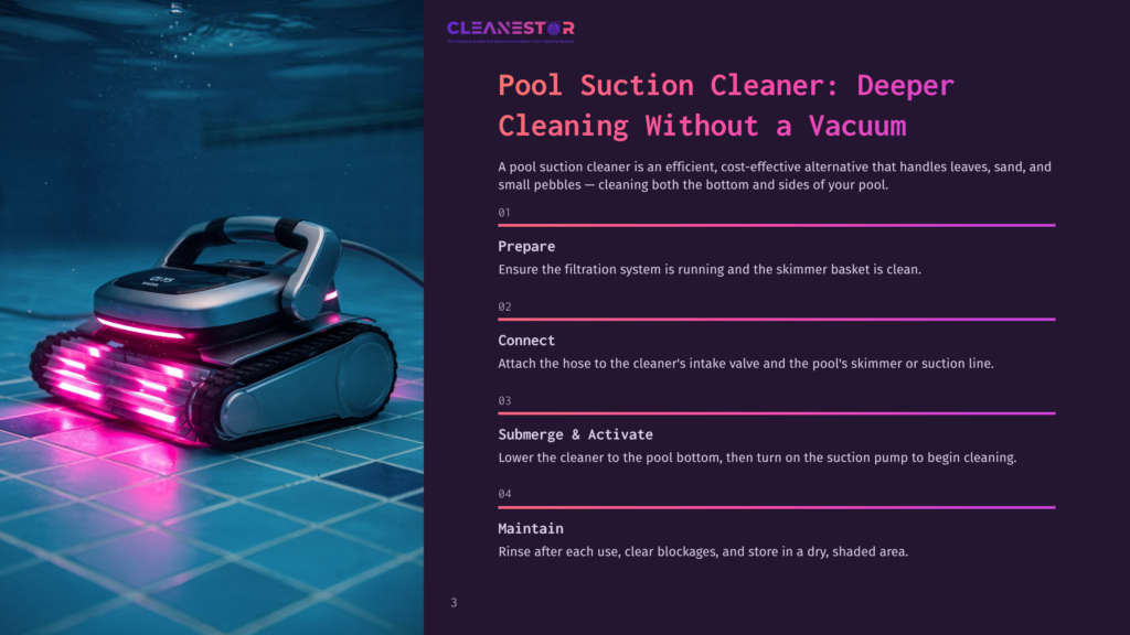 3 Pool Suction Cleaner Deeper Cleaning Without A Vacuum Pool Suction Cleaner With Red Lights Activated On A Wet, Tiled Pool Floor, Next To A Step With Instructions On How To Use It.