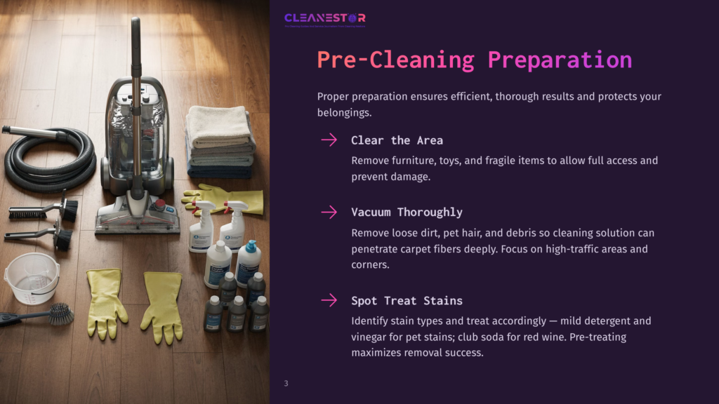 Cleaning Supplies Laid Out For Pre-Cleaning Preparation: A Carpet Cleaner, Brushes, Gloves, And Cleaning Solutions. Text Overlay Reads &Quot;Cleanestor&Quot; And &Quot;Pre-Cleaning Preparation&Quot;.