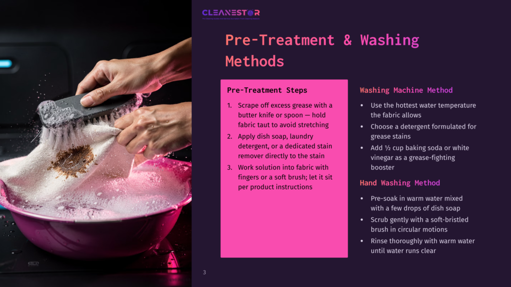3 Pre Treatment And Washing Methods Close-Up Of Hands Scrubbing A Stained White Cloth In A Pink Basin Of Soapy Water, With A Cleaning Brush And Text Overlay Detailing Pre-Treatment And Washing Steps.
