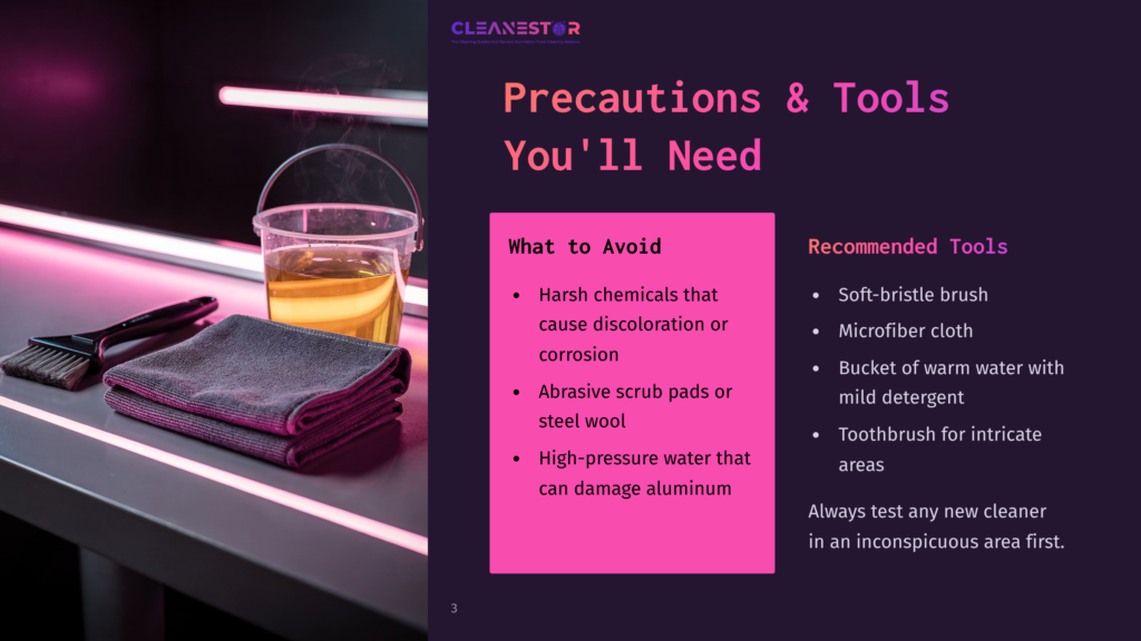 Precautions &Amp; Tools You'Ll Need&Quot; Text Overlaying A Dark Background. To The Left, A Cleaning Brush And Folded Microfiber Cloths Sit Next To A Clear Plastic Bucket Filled With Amber-Colored Liquid And Steam.