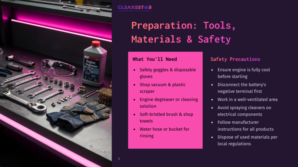 Tools And Supplies For Engine Degreasing And Cleaning, Including Gloves, Safety Goggles, Engine Degreaser Spray, A Shop Vacuum, And A Brush, Are Laid Out On A Workbench.