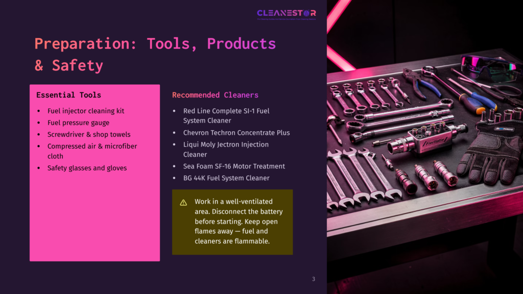 A Workbench Displays Tools And Cleaning Supplies For Fuel Injector Maintenance, Including Wrenches, Gloves, And Bottles Labeled &Quot;Liqui Moly Jectron Injection Cleaner&Quot; And &Quot;Cheviron Techron Concentrate Plus.