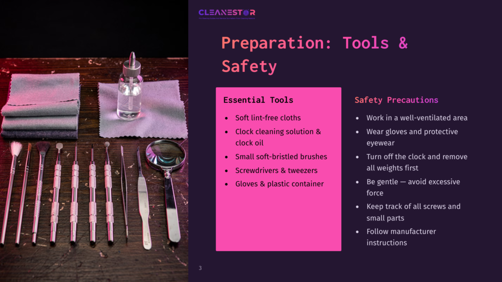 A Collection Of Precision Cleaning Tools, Including Brushes, Tweezers, And A Magnifying Glass, Are Laid Out On A Wooden Surface Next To A Bottle Of Cleaning Solution And Lint-Free Cloths. The Image Also Displays Text From A Presentation Slide About &Quot;Preparation: Tools &Amp; Safety&Quot; And &Quot;Safety Precautions,&Quot; With Bulleted Lists Of Items And Safety Advice.