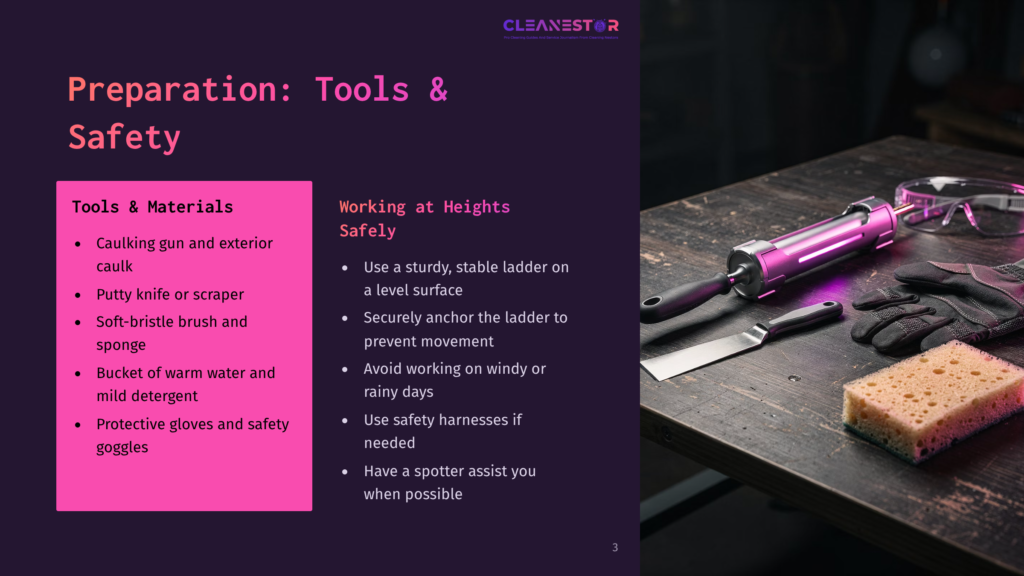 3 Preparation Tools And Safety A Dark, Moody Image Showcases Cleaning Tools And Safety Gear, Including Safety Glasses, Gloves, A Putty Knife, And A Sponge, Arranged On A Dark Wooden Surface. Text Overlays List &Quot;Preparation: Tools &Amp; Safety&Quot; And &Quot;Working At Heights Safely.