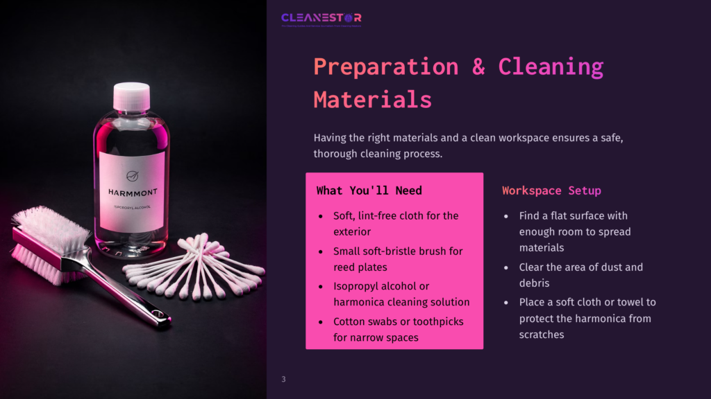 A Bottle Of Isopropyl Alcohol, Cleaning Swabs, And A Soft Brush Are Laid Out On A Dark Surface, Ready For Cleaning Harmonicas. The Bottle Has A Pink Label With &Quot;Harmmont&Quot; And &Quot;Isopropyl Alcohol&Quot; Visible.