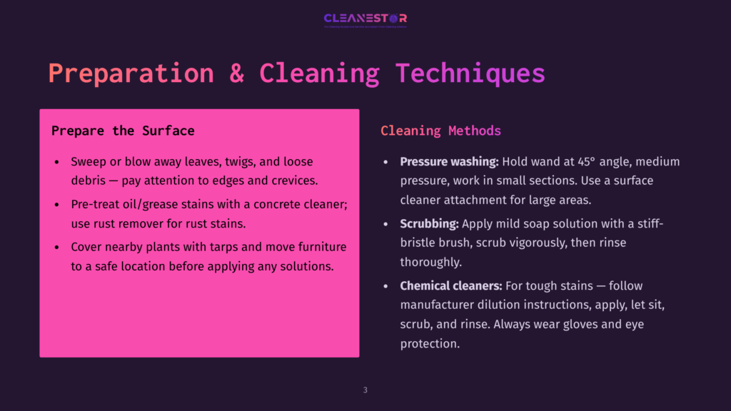 3 Preparation And Cleaning Techniques 1 Presentation Slide Titled &Quot;Preparation &Amp; Cleaning Techniques&Quot; With Bullet Points On Surface Preparation And Cleaning Methods Like Pressure Washing And Scrubbing.