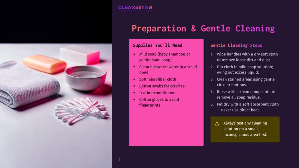 Preparation And Gentle Cleaning: Mild Soap, A Bowl Of Lukewarm Water, Microfiber Cloth, Cotton Swabs, And Gloves For Cleaning. The Image Shows These Supplies Next To A Bar Of Soap And A Pink Object.
