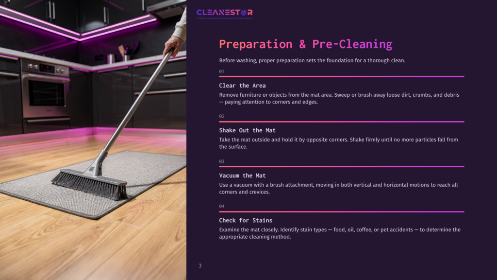 3 Preparation And Pre Cleaning Cleanestor Preparation &Amp; Pre-Cleaning Guide: A Person Sweeps A Grey Doormat In A Modern Kitchen With Sleek Dark Cabinets And Purple Accent Lighting.