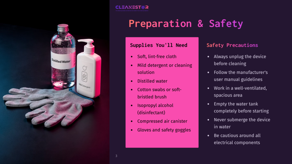 A Bottle Of Distilled Water And A Bottle Of Mild Detergent Sit Next To Gray Cleaning Gloves On A Dark Surface, With Text Overlay Listing Cleaning Supplies And Safety Precautions.