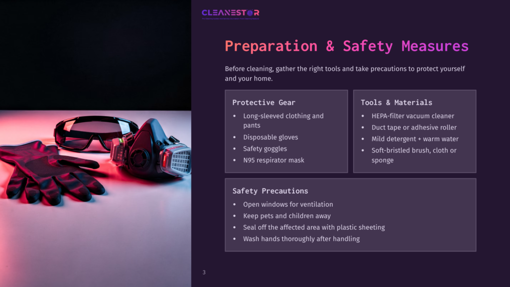 Protective Gear For Cleaning, Including A Respirator Mask, Safety Goggles, And Gloves, Laid Out On A White Surface Next To A Dark Background.