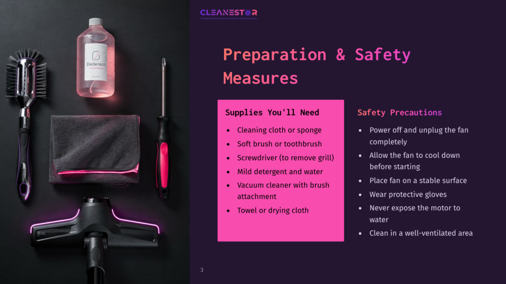 Illustration Of Cleaning Supplies And Tools For Fan Maintenance, Including A Cleaning Cloth, Soft Brush, Screwdriver, Mild Detergent, Vacuum Cleaner, And Drying Towel, Alongside Safety Precautions For Cleaning Fans.