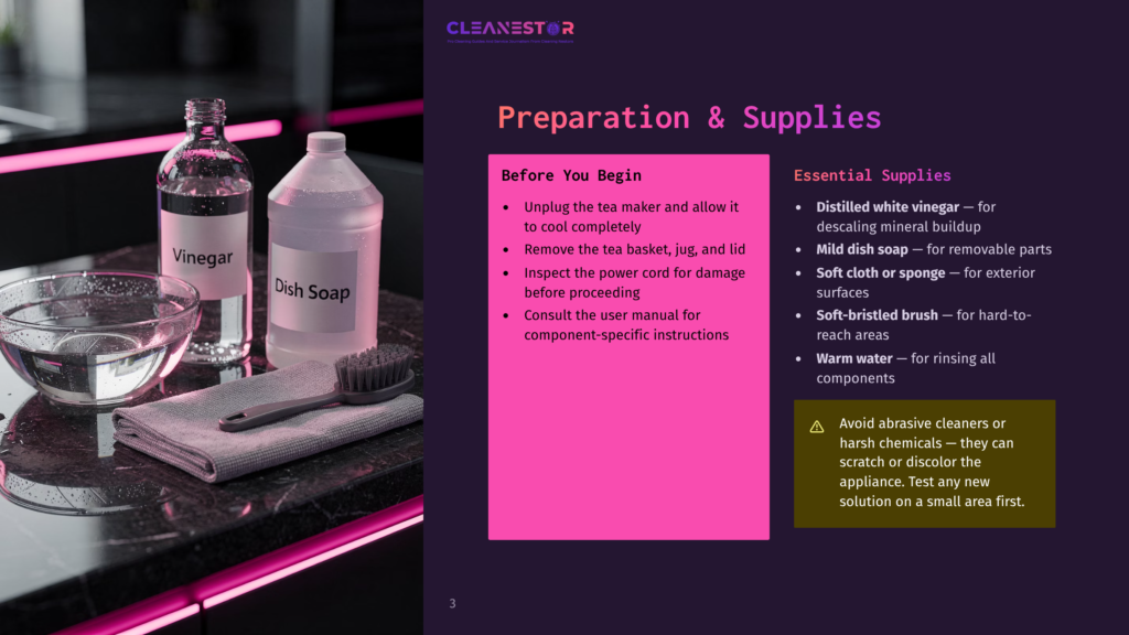 Preparation And Supplies For Cleaning A Tea Maker: A Bottle Of Vinegar, A Bottle Of Dish Soap, A Bowl Of Water, And A Soft-Bristled Brush Are Neatly Arranged On A Dark, Reflective Countertop With Pink Led Lighting.