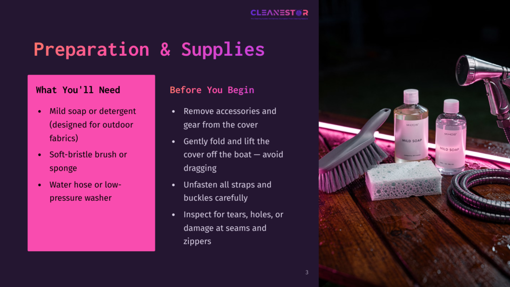 A Wooden Table Set With Cleaning Supplies, Including A Bottle Of Mild Soap, A Soft-Bristle Brush, And A Water Hose, Against A Purple Background With Text Instructions For Boat Cover Preparation.