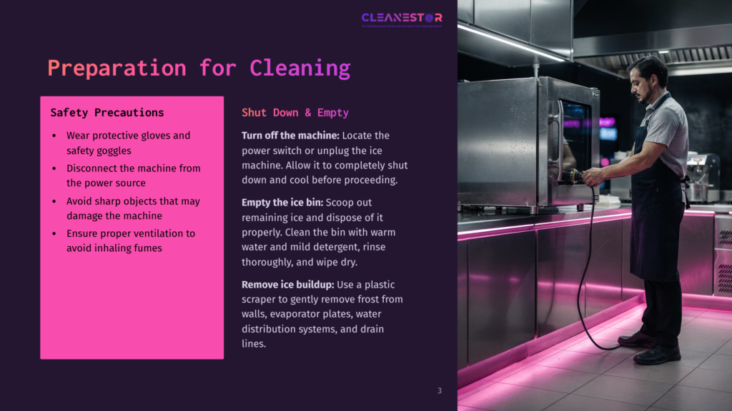 A Man In A Black Apron Unplugs A Commercial Ice Machine In A Brightly Lit Commercial Kitchen, With Cleaning Instructions Displayed On A Purple Overlay.