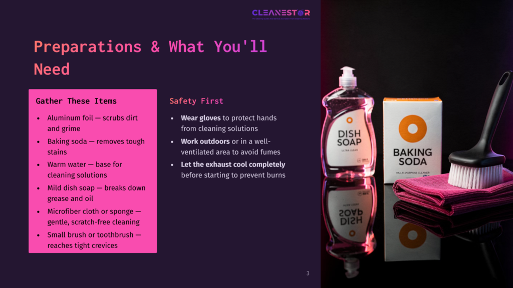3 Preparations And What Youll Need Overhead View Of Cleaning Supplies: Aluminum Foil, Baking Soda Box, Dish Soap, And A Scrubbing Brush With A Pink Microfiber Cloth. Text Overlay Lists &Quot;Gather These Items&Quot; And &Quot;Safety First.