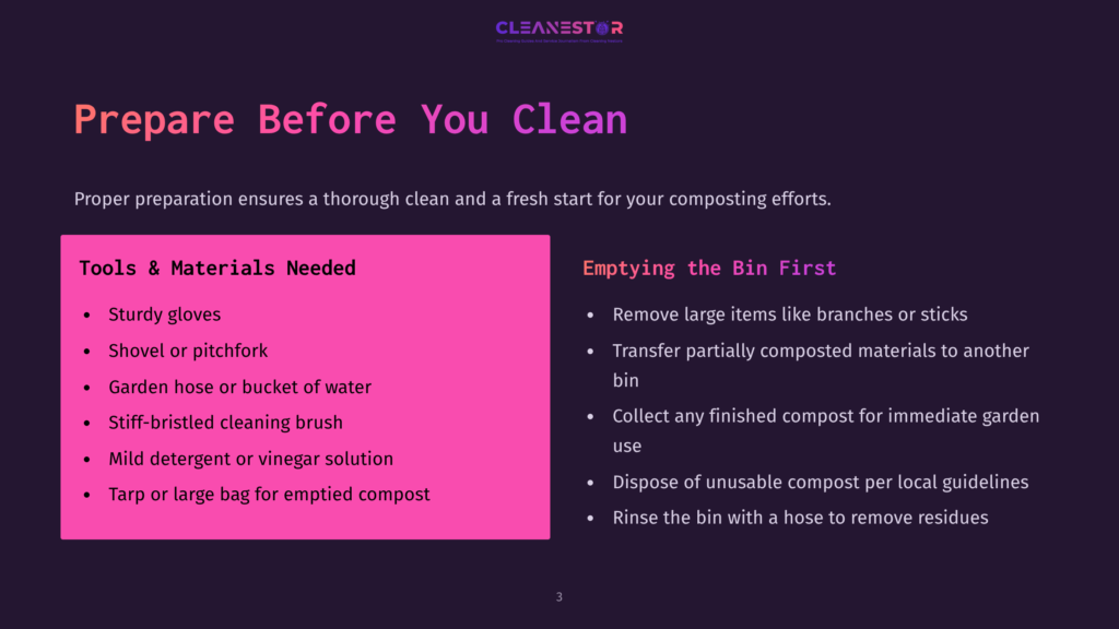 3 Prepare Before You Clean 2 Presentation Slide Titled &Quot;Prepare Before You Clean&Quot; With Sections &Quot;Tools &Amp; Materials Needed&Quot; And &Quot;Emptying The Bin First.&Quot; Lists Include Gloves, Shovel, Hose, Detergent, And Tarp For Cleaning, And Removing Large Items, Compost, And Rinsing The Bin For Emptying.