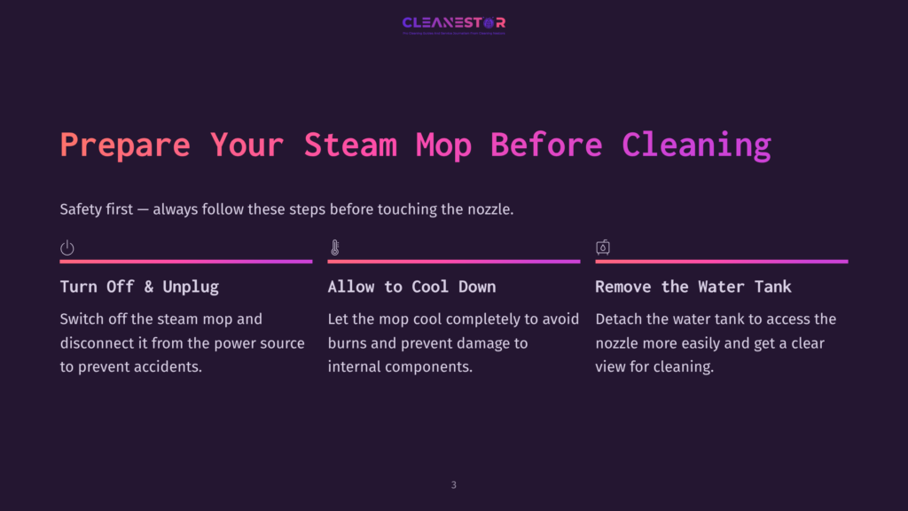 Steam Mop Preparation Guide: Turn Off &Amp; Unplug, Allow To Cool Down, And Remove The Water Tank. Safety First!