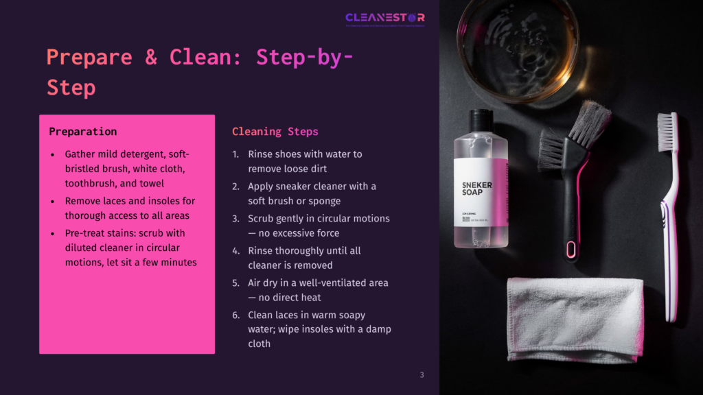 3 Prepare And Clean Step By Step 1 Overhead View Of Shoe Cleaning Supplies: A Bottle Of &Quot;Cleanestar Soap,&Quot; Two Brushes, A White Toothbrush, A White Microfiber Cloth, And A Glass Of Water, Arranged On A Dark Surface Next To A White Sneaker.