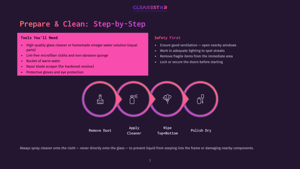 Infographic Detailing The Four Steps To Clean Glass: Remove Dust, Apply Cleaner, Wipe Top+Bottom, And Polish Dry. The Steps Are Visually Represented By Circular Icons And Accompanied By Text Instructions And Tools Needed For Cleaning.