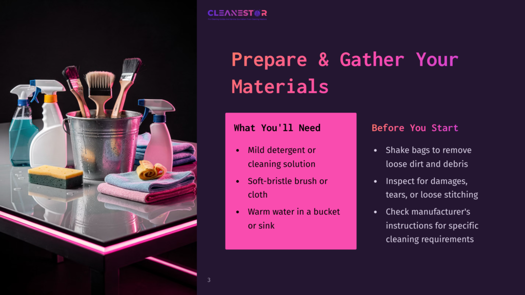 Cleaning Supplies Including Spray Bottles, Brushes, And Cloths Are Arranged On A Reflective Surface With Pink Neon Lighting. The Text &Quot;Cleanestor&Quot; And &Quot;Prepare &Amp; Gather Your Materials&Quot; Are Visible.