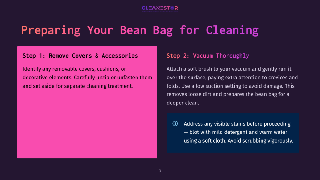 Two-Panel Graphic From Cleanestor Detailing How To Prepare A Bean Bag For Cleaning: Step 1: Remove Covers &Amp; Accessories, Step 2: Vacuum Thoroughly With Low Suction To Avoid Damage.
