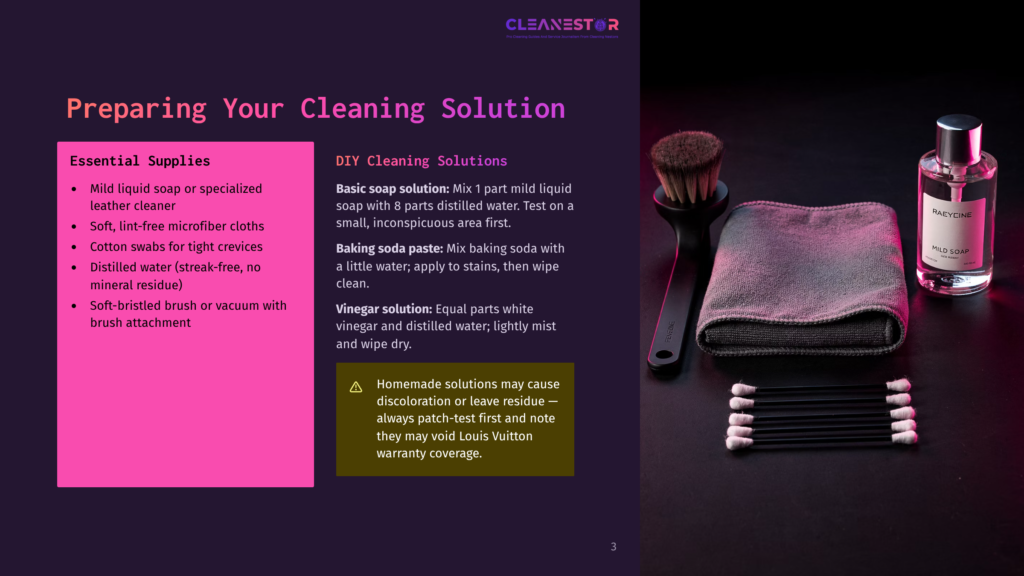 A Cleaning Kit For Leather Goods, Including A Soft Brush, Microfiber Cloth, Cotton Swabs, And A Bottle Of &Quot;Raeyone Mild Soap&Quot; Cleaning Solution, Arranged On A Dark Background.