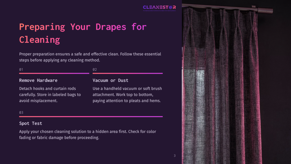 Dark, Textured Curtains Hang In Pleats, With A Graphic Overlay Detailing Steps For Preparing Drapes For Cleaning: Remove Hardware, Vacuum Or Dust, And Spot Test.