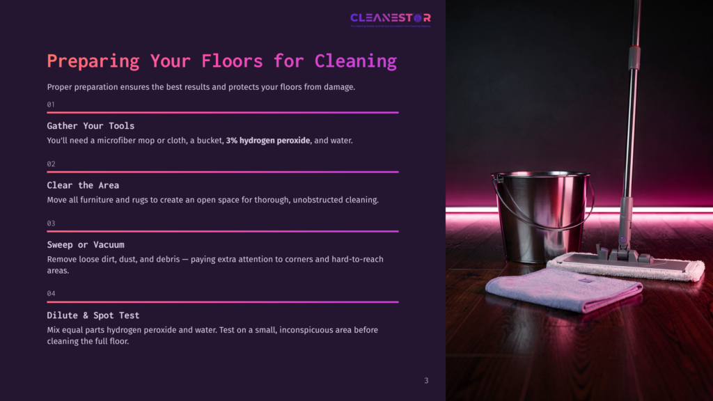 Dark Wooden Floor With A Mop, Bucket, And Folded Microfiber Cloth, Illuminated By Dramatic Purple Lighting. Text Overlay Reads: &Quot;Cleanestor Preparing Your Floors For Cleaning&Quot;.