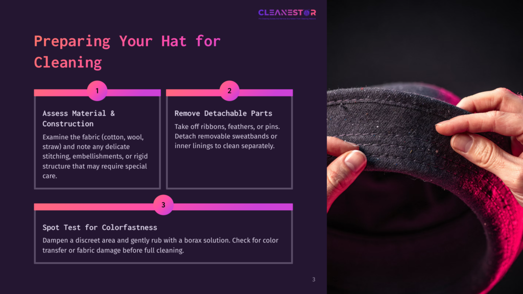 3 Preparing Your Hat For Cleaning Close-Up Of Hands Cleaning A Dark Fabric Hat, Showing Textured Material And Stitching. Text Overlay: &Quot;Preparing Your Hat For Cleaning.