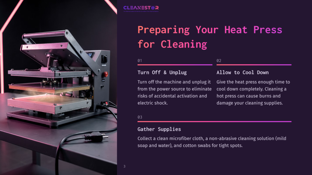 A Heat Press Machine Is Shown In A Dimly Lit Room With Pink And Purple Neon Lights. The Machine Is Open, Revealing Hot Plates With Steam Rising, And Text On The Right Side Of The Image Reads &Quot;Preparing Your Heat Press For Cleaning.
