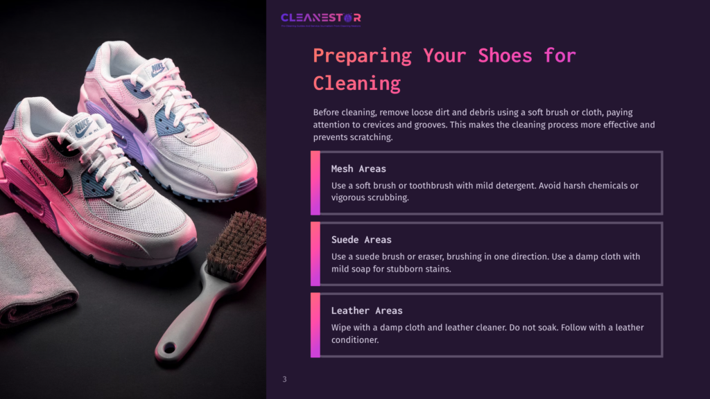 Preparing Shoes For Cleaning: A Pair Of White Nike Air Max Sneakers With Blue Accents Sits Next To A Cleaning Brush And Gray Microfiber Cloth, With Text Overlay Detailing Cleaning Steps For Mesh, Suede, And Leather Areas.