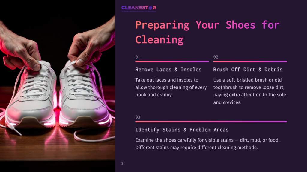 Close-Up Of White Sneakers Being Prepared For Cleaning. Hands Are Shown Removing Laces And Insoles From One Shoe, With The Other Shoe Also Visible, Highlighting The Initial Steps Of Shoe Cleaning.