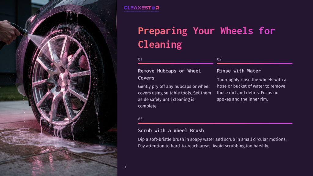Close-Up Of A Car Wheel Being Cleaned With A Hose And Soap, With The Text &Quot;Cleanestor&Quot; And &Quot;Preparing Your Wheels For Cleaning&Quot; Visible.